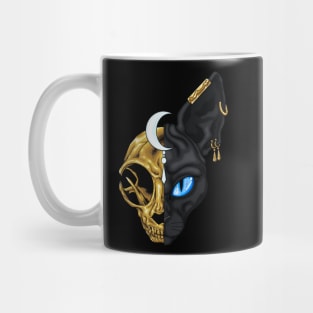 Black sphinx cat with golden skull Mug